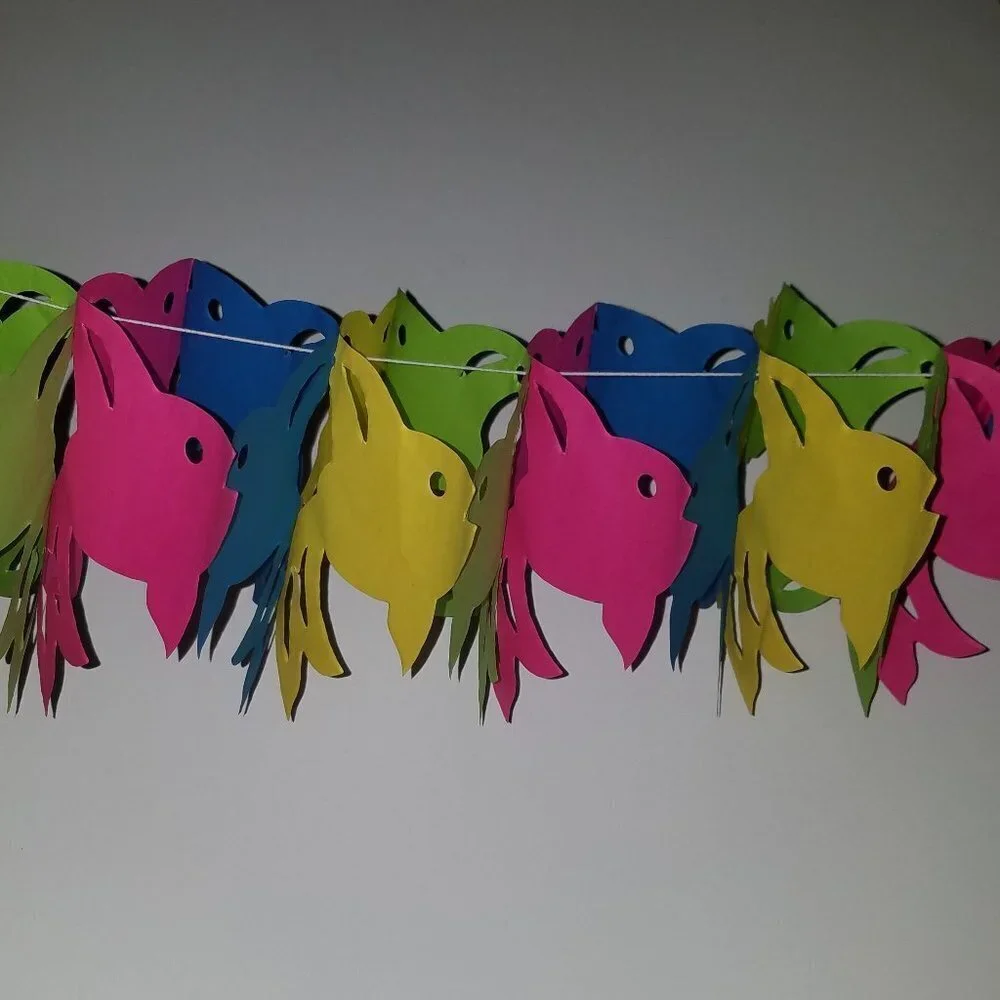VTG Fish Paper Garland Green Yellow Pink Blue Amscan 10' Party Decor Fisherman